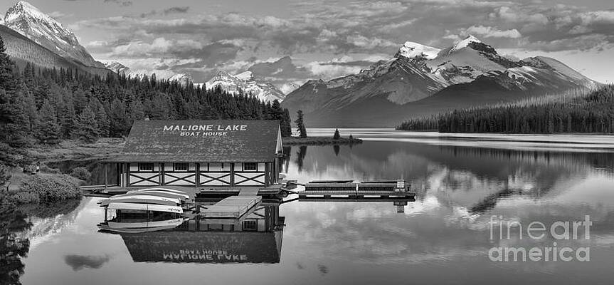 Wall Art featuring the photograph Maligne Lake Boathouse In The Canadian Rockies Black And White by Adam Jewell