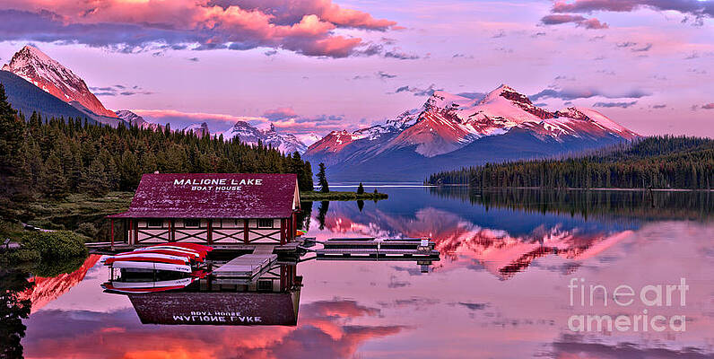 Wall Art featuring the photograph Maligne Lake Boathouse Pink Summer Sunset by Adam Jewell