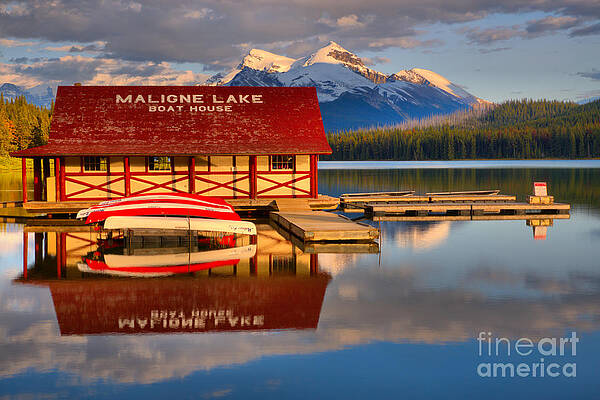 Wall Art featuring the photograph Maligne Lake Boathouse Summer Reflections by Adam Jewell