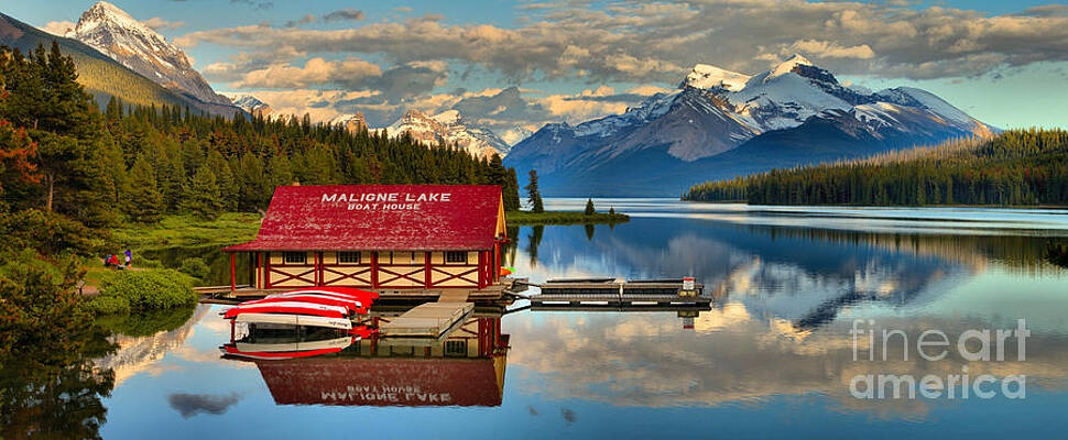 Wall Art featuring the photograph Maligne Lake Calm Afternoon Panorama by Adam Jewell