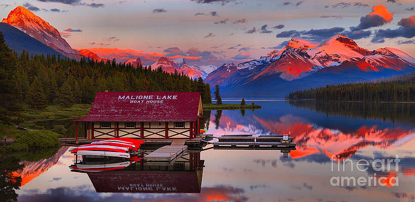 Wall Art featuring the photograph Maligne Lake Fiery Sunset Peaks Panorama by Adam Jewell