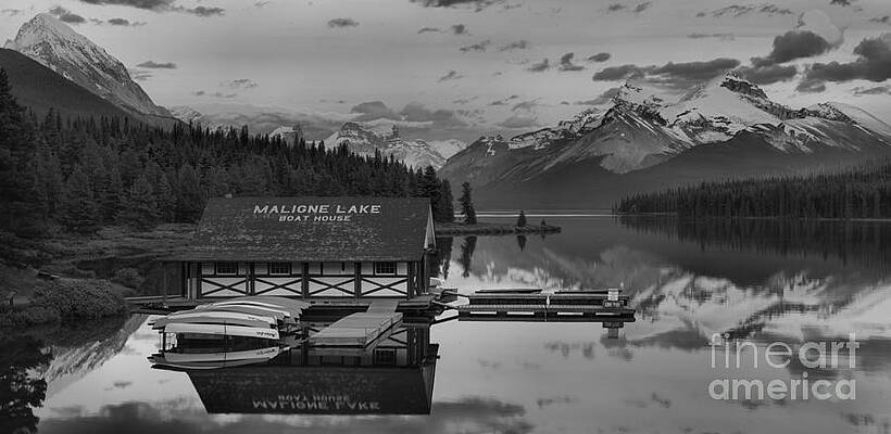 Wall Art featuring the photograph Maligne Lake Fiery Sunset Peaks Panorama Black And White by Adam Jewell
