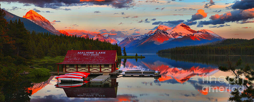 Wall Art featuring the photograph Maligne Lake Glowing Peaks by Adam Jewell