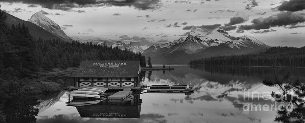 Wall Art featuring the photograph Maligne Lake Glowing Peaks Black And White by Adam Jewell