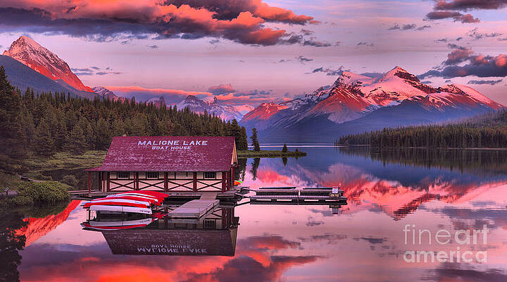 Wall Art featuring the photograph Maligne Lake Perfect Pastel Sunset by Adam Jewell