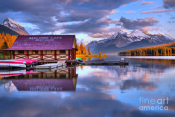 Wall Art featuring the photograph Maligne Lake Pine Clouds And Golden Glow by Adam Jewell