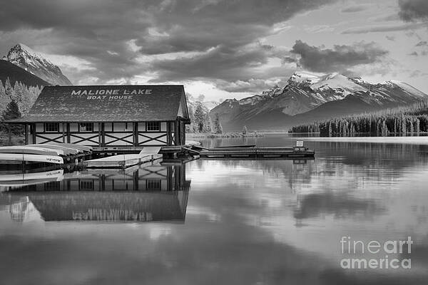 Wall Art featuring the photograph Maligne Lake Pink Clouds And Golden Glow Black And White by Adam Jewell