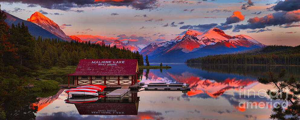 Wall Art featuring the photograph Maligne Lake Reflection Sunset Panorama by Adam Jewell