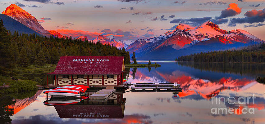 Wall Art featuring the photograph Maligne Lake Reflection Sunset Panorama Crop by Adam Jewell