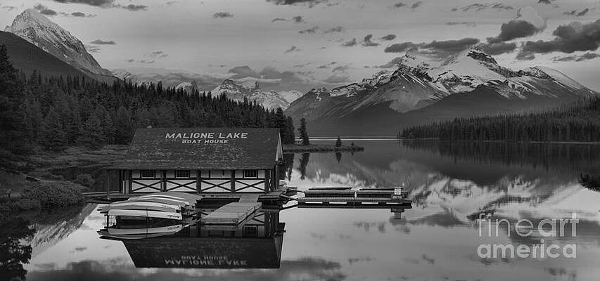 Wall Art featuring the photograph Maligne Lake Reflection Sunset Panorama Crop Black And White by Adam Jewell