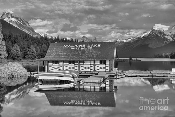 Wall Art featuring the photograph Maligne Reflections Between The Peaks Black And White by Adam Jewell