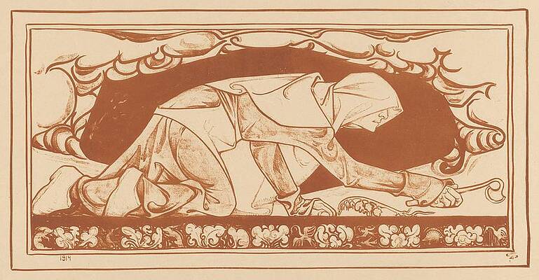 Monochrome Drawing - Man In Monnikspij Kruipend Met Schoffel by Jac Jongert