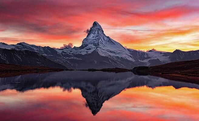 Atmospheric Wall Art featuring the digital art Matterhorn Reflection On Lake by Gianni Krattli