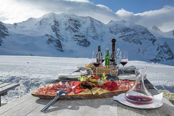 Wine Wall Art featuring the digital art Meal At Mountain Terrace, Switzerland by Christof Sonderegger