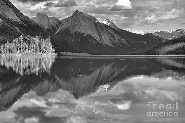 Wall Art featuring the photograph Medicine Lake Island Reflections Black And White by Adam Jewell