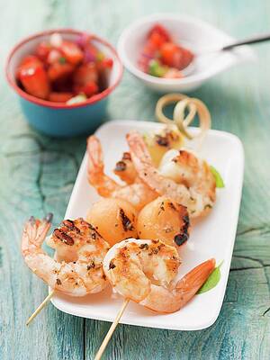 Melon And Langoustine Skewers With A Strawberry & Basil Salsa Print