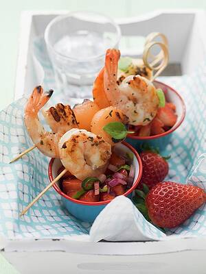 Melon And Scampi Skewers With Strawberry Salsa Print