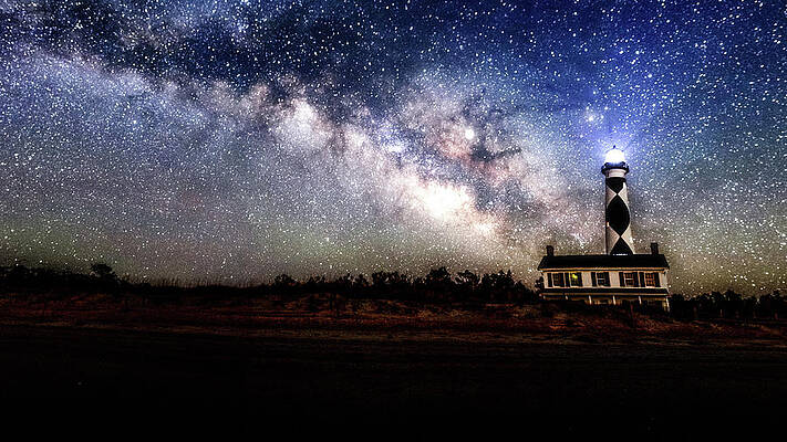Lighthouse Wall Art featuring the photograph Milkyway Over Cape Lookout Lighthouse Pano by Rob Narwid