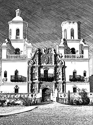 Mixed Media - Mission San Xavier Del Bac - Bw Sketch by Tatiana Travelways