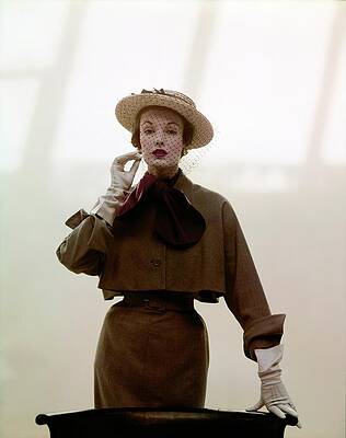 Wall Art featuring the photograph Model In A Straw Boater Hat With Net Veil by John Rawlings