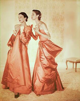 Orange Wall Art featuring the photograph Models In Orange Silk Gowns by Horst P. Horst