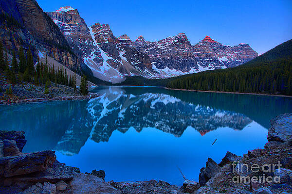 Sunrise Wall Art featuring the photograph Moraine Lake Dawn Pink Peaks by Adam Jewell
