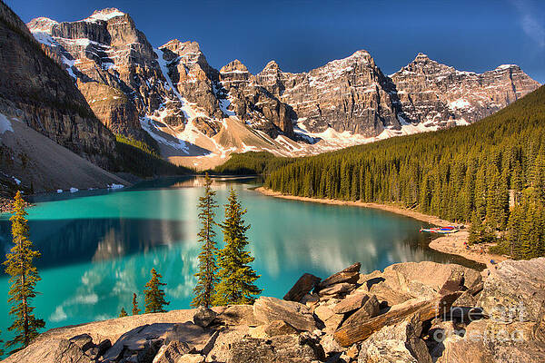 Sunrise Wall Art featuring the photograph Moraine Lake Rockpile Reflections by Adam Jewell