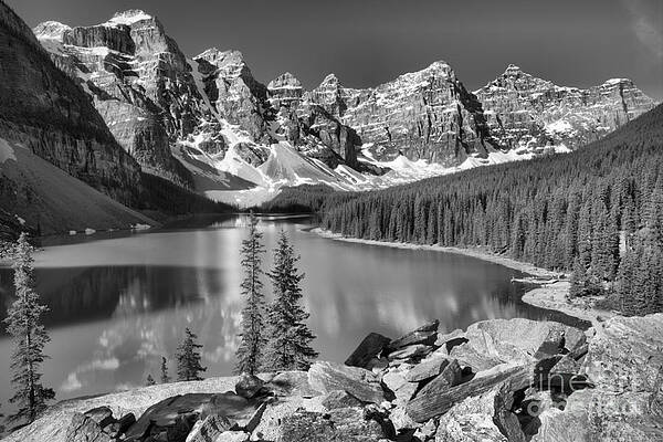 Sunrise Wall Art featuring the photograph MOraine Lake Rockpile Reflections Black And White by Adam Jewell