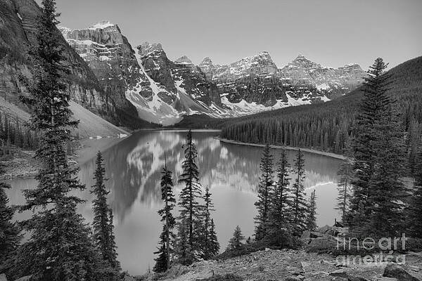 Sunrise Wall Art featuring the photograph Moraine Lake Spring 2019 Sunrise Black And White by Adam Jewell