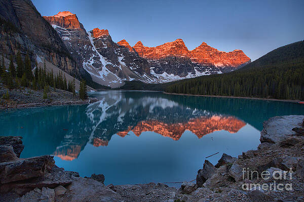 Sunrise Wall Art featuring the photograph Moraine Lake Sunrise Reflections Over The Rocks by Adam Jewell
