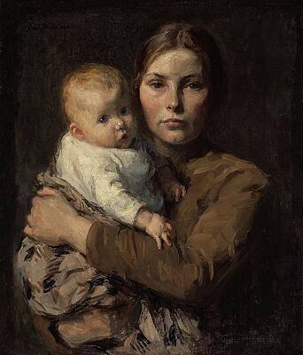 Mother Holding Child in Profile Painting