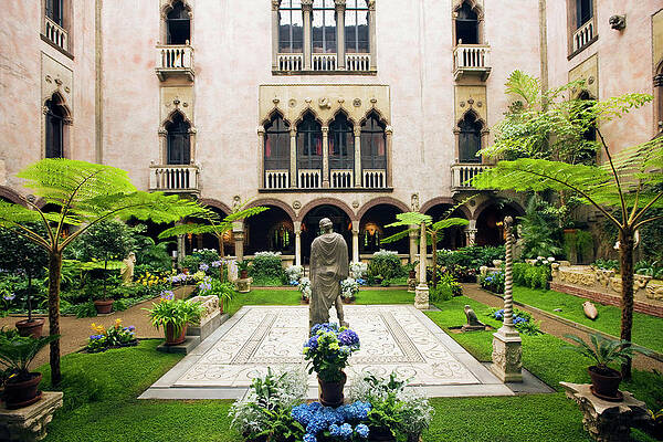 Lush Courtyard with Classical Statue Digital Art