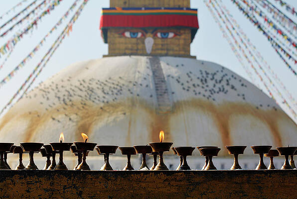 Lamp Wall Art featuring the digital art Nepal, Central, Kathmandu, Kathmandu Valley, Buddhist Butter Lamps In Front Of Boudhanath Stupa by Toby Williams