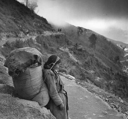 Woman with Heavy Load in Mountain Path Wall Art