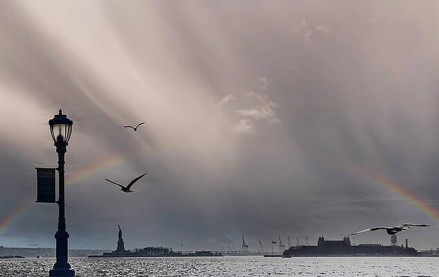 Hudson New York Wall Art featuring the digital art New York City, Hudson River With View Of Statue Of Liberty From Battery Park City by Lumiere