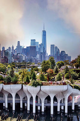 Hudson New York Wall Art featuring the digital art New York City, Manhattan, Little Island With Pilings At Pier 55 And Freedom Tower In The Background by Lumiere