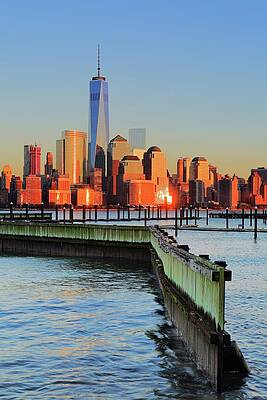 U S Wall Art featuring the digital art New York City, Manhattan, Lower Manhattan, One World Trade Center, Freedom Tower, View Across The Hudson River Of The Downtown Manhattan And Financial District Skyline From New Jersey by Riccardo Spila