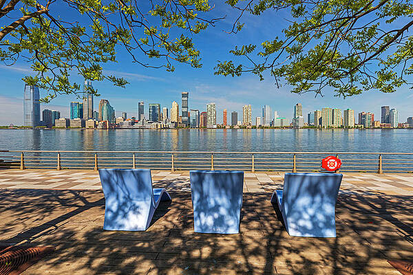 Hudson New York Wall Art featuring the digital art New York City, Manhattan, New Jersey Skyline Viewed From Hudson River Park Trust At Pier 25 by Lumiere