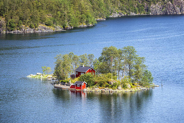 Small Digital Art - Norway, Rogaland, Red House On A Small Island In Lovrafjorden, Near Sand, Suldal, Scandinavia by Christian Back
