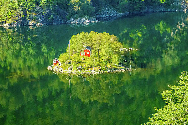 Small Digital Art - Norway, Rogaland, Scandinavia, Breathtaking View Of A Small Island With A Red House In Lovrafjorden Fjord Near Sand by Manfred Bortoli