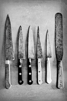 Old Kitchen Knives On A Metal Surface Print