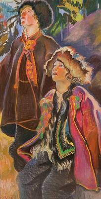 Traditional Painting - Palm Sunday  Triptych. Hutsul Boys by Kazimierz Sichulski