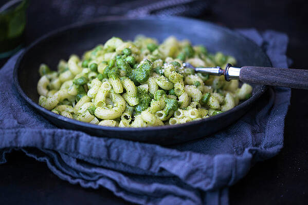 Pasta With Celeriac Leaf Pesto, Peas And Grated Almonds Vegan Print