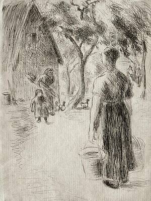 Monochrome Drawing - Paysanne Portant Des Seaux by Camille Pissarro