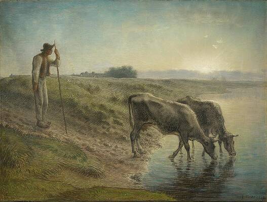Jean Francois Millet Painting - Peasant Watering His Cows On The Bank Of The Allier River by Jean-francois Millet