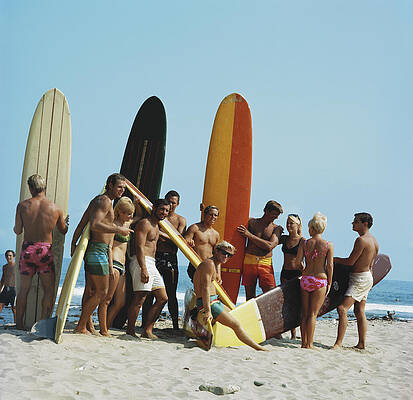 Surfers Gathering on Sunny Beach Wall Art