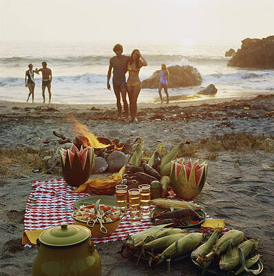 Beach Picnic with Friends at Sunset Wall Art