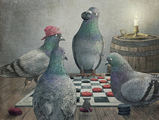 Pigeons Play Checkers by Candlelight Wall Art