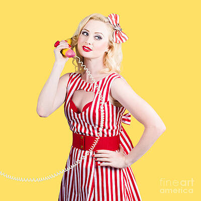 Wall Art featuring the photograph Pin Up Woman Ordering Organic Food On Banana Phone by Jorgo Photography
