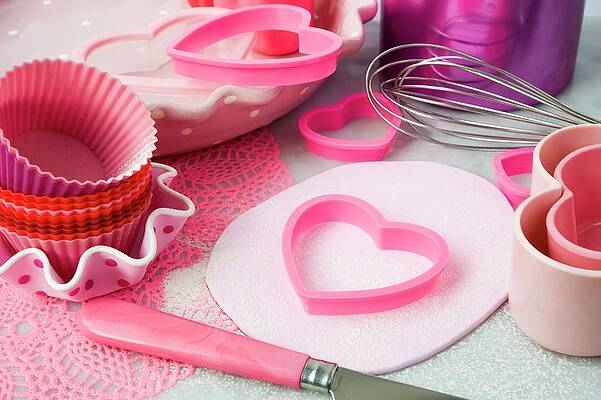Pink Cutters, Baking Moulds, Egg Whisk And Knife Print